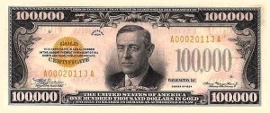 $100,000 bill.  In 1915 Woodrow Wilson became the first sitting president to go to a World Series baseball game; a year later he thew the opening ball.