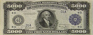 $5000 bill.  James Madison's wife's sister's husband's uncle was George Washington.  